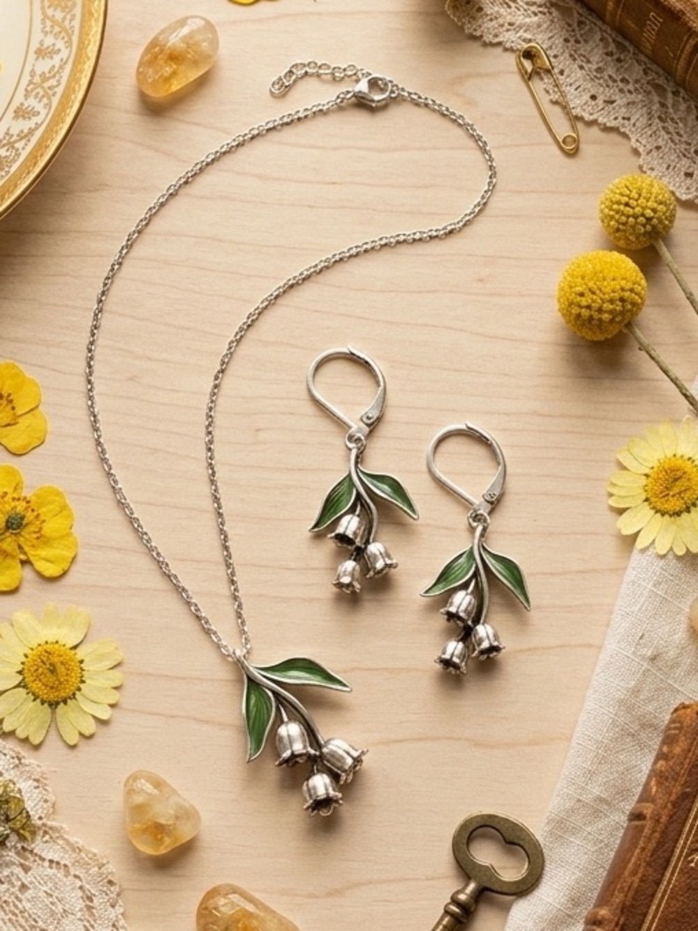 Cottagecore Lily of the Valley Jewelry Earring Necklace Set Botanical Fairy Gift